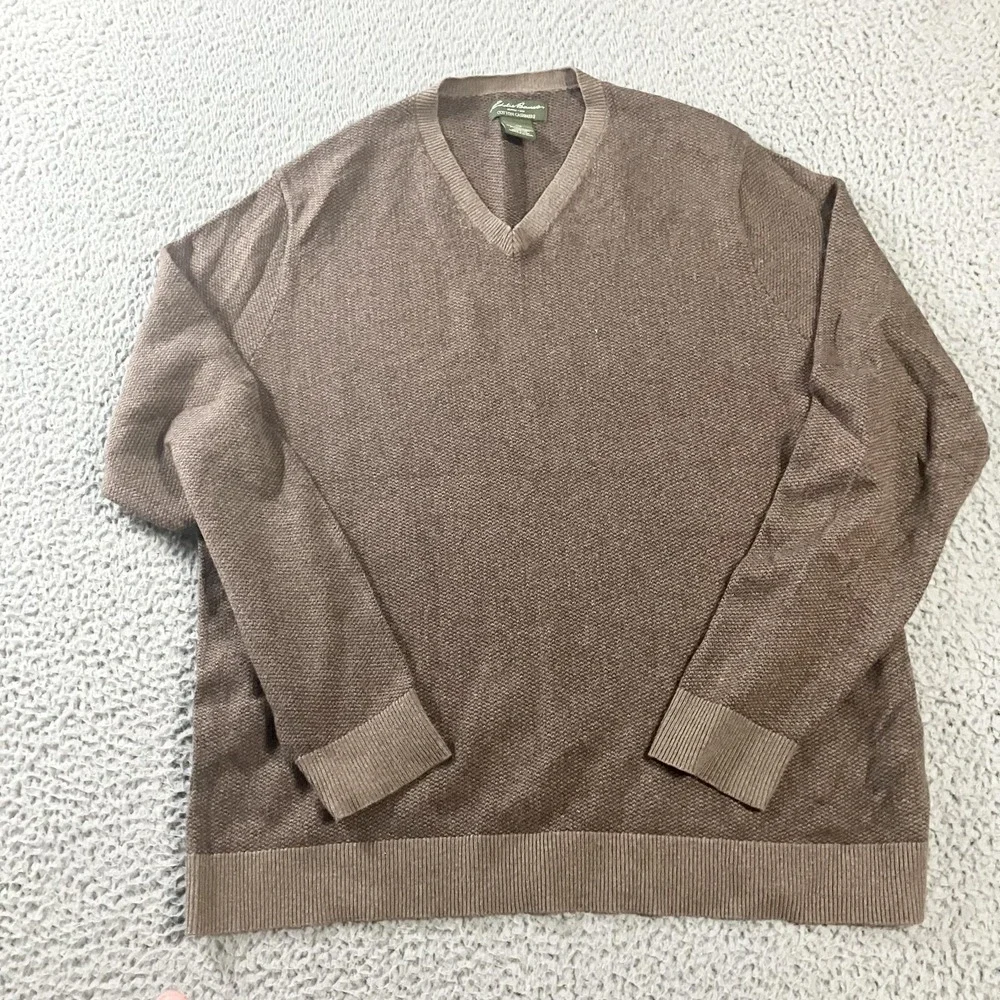 Eddie Bauer‎ Sweater Mens Large Brown Cotton Cashmere V Neck Knit Pullover